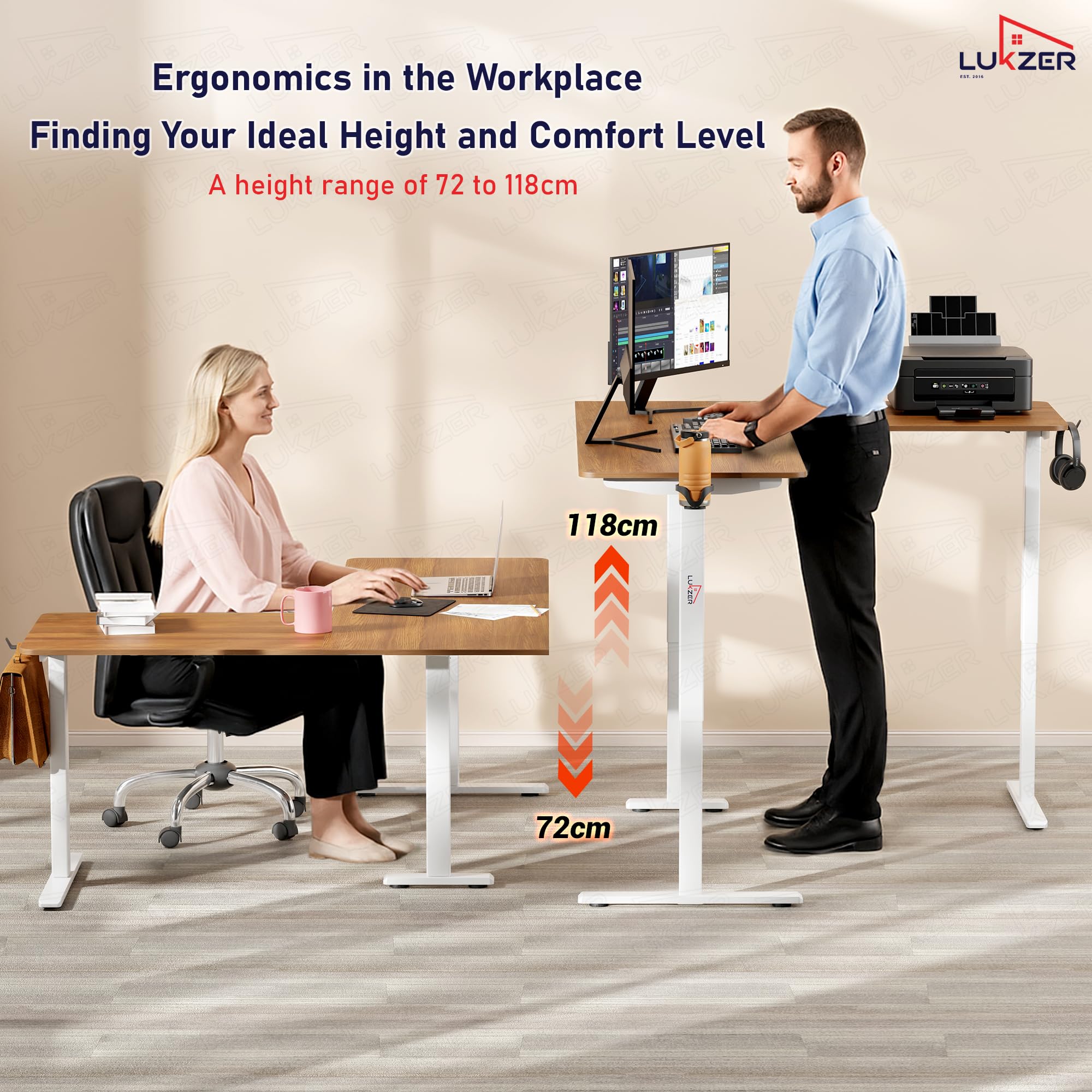 Lukzer L-Shape Electric Height Adjustable Study Desk (EST-001/White & Oak Brown) 3-Years Warranty