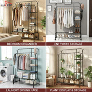 Lukzer Metal Garment Stand with 6 Shelves & Double Rods with Side Hooks & Wheels (MGS-008/Black)