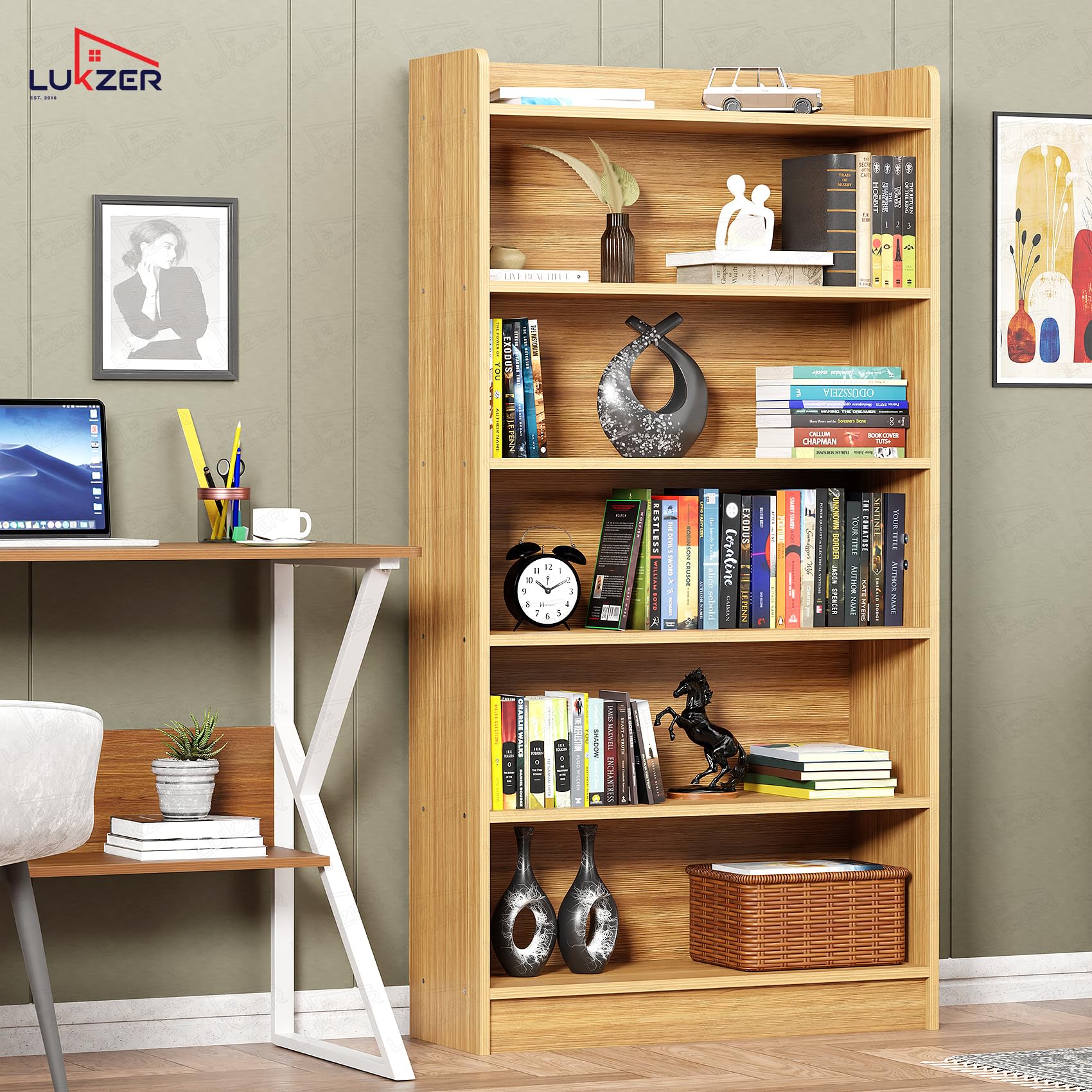 Lukzer Engineered Wood 6 Tier Bookcase Open Storage Cabinet (MR-007/Oak Light )