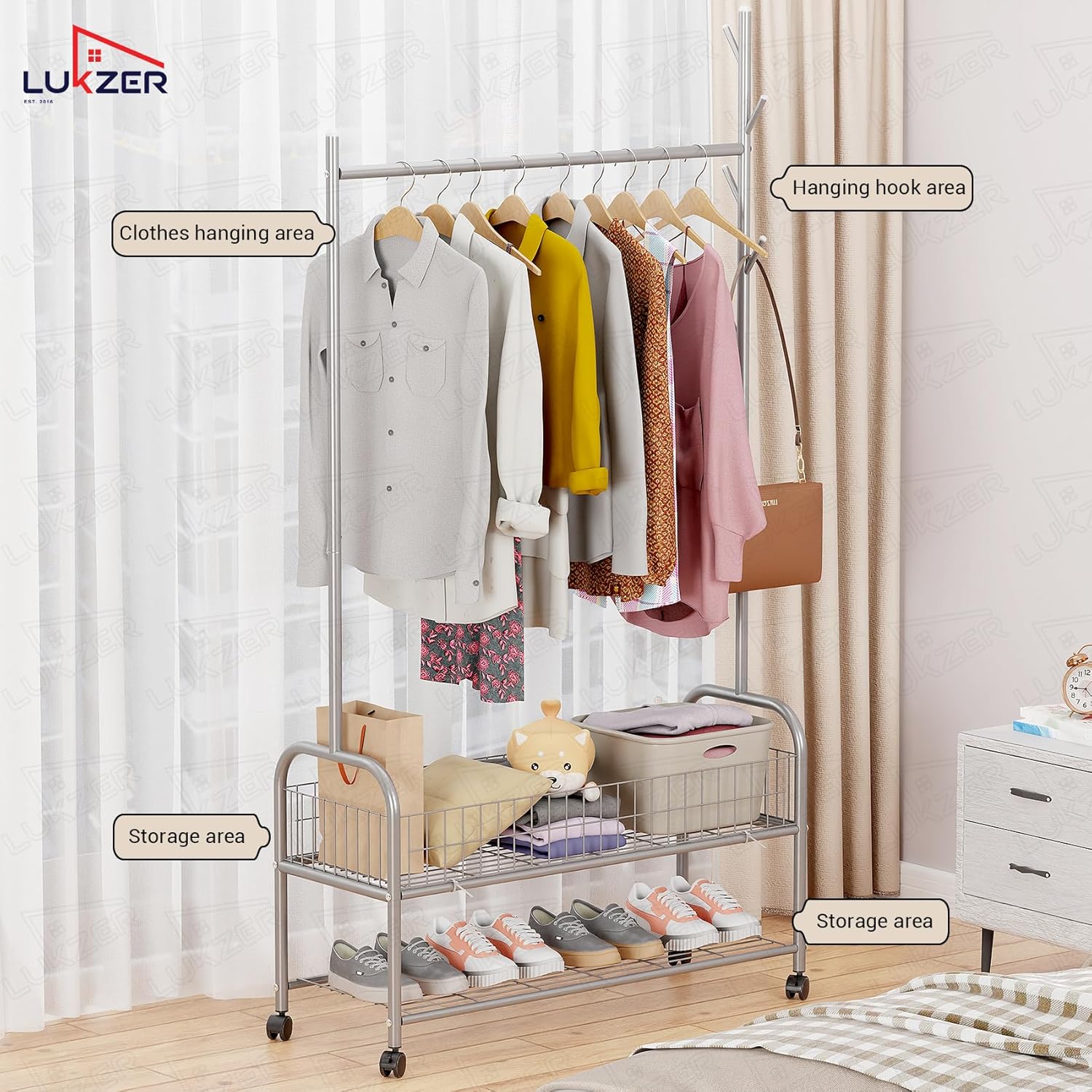 Lukzer Heavy-Duty Portable Metal Clothes Rack with Double Rod & Bottom Shelf (MGR-002/Grey)