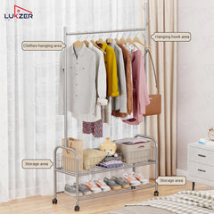 Lukzer Heavy-Duty Portable Metal Clothes Rack with Double Rod & Bottom Shelf (MGR-002/Grey)