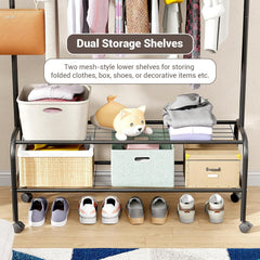 Lukzer Metal Garment Rack with Wheels & Double Bottom Storage Shelves (MGR-006/Black)