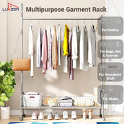 Lukzer Metal Single Rod Clothes Hanging Stand with Bottom Shelf & Lockable Wheels (MGR-003/Grey)