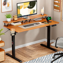 Lukzer Electric Height Adjustable Desk with Monitor Riser USB & Type-C Sit-Stand Table (EST-004/Black & Oak Brown)