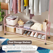 Lukzer Metal Single Rod Clothes Hanging Stand with Double Shelf & Lockable Wheels (MGR-004/Pink)