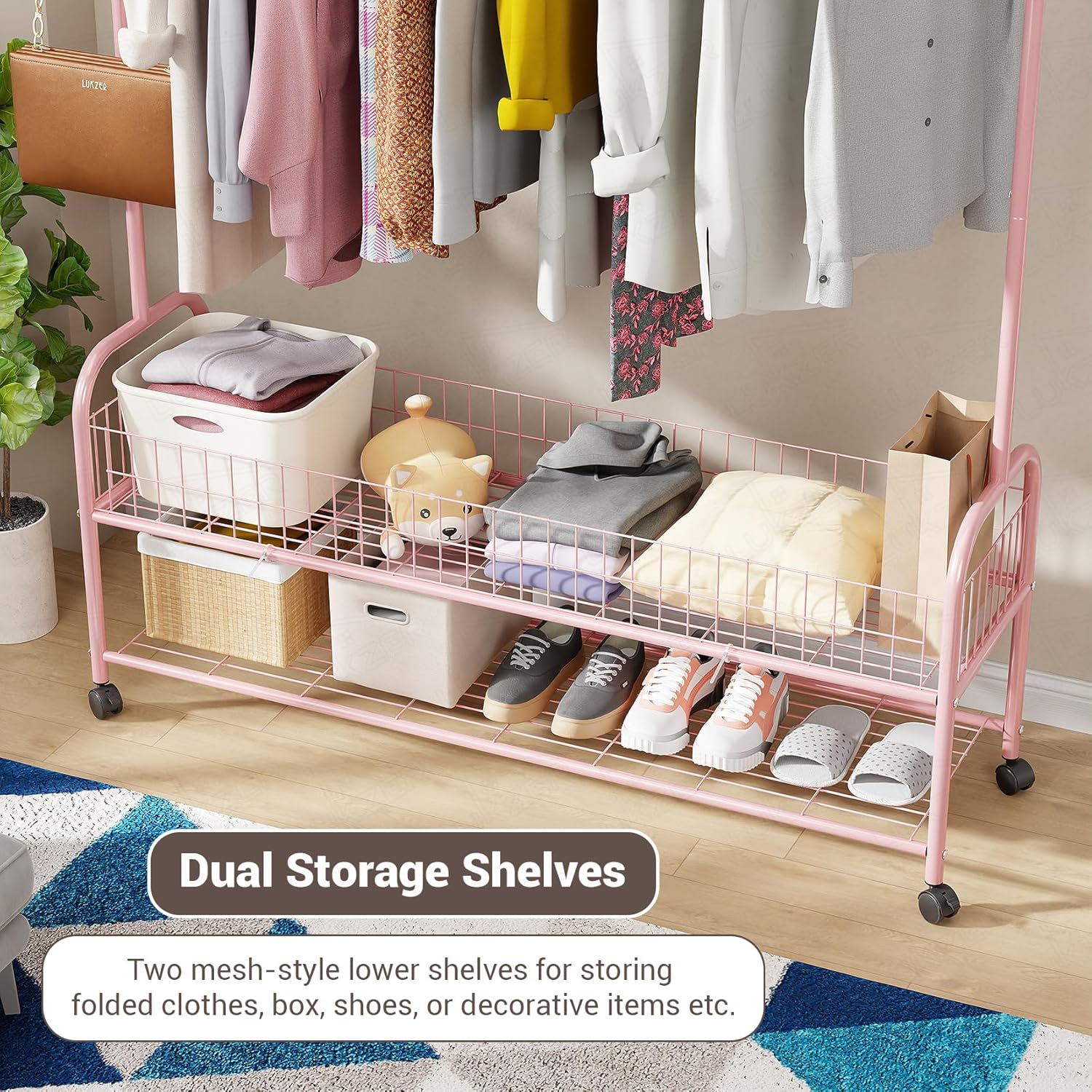 Lukzer Metal Single Rod Clothes Hanging Stand with Double Shelf & Lockable Wheels (MGR-004/Pink)