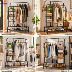 Lukzer Metal Garment Stand with 6 Shelves & Double Rods with Side Hooks & Wheels (MGS-008)