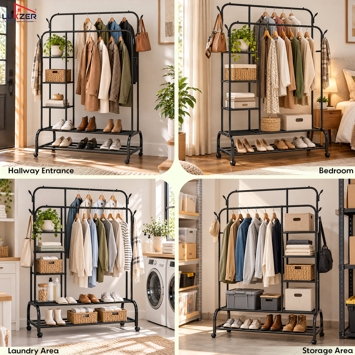 Lukzer Metal Garment Stand with 6 Shelves & Double Rods with Side Hooks & Wheels (MGS-008)