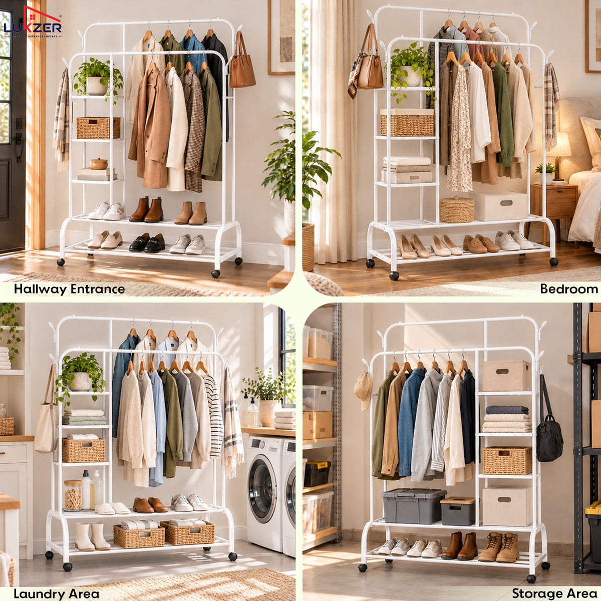 Lukzer Metal Garment Stand with 6 Shelves & Double Rods with Side Hooks & Wheels (MGS-008)