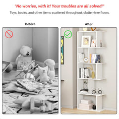 Lukzer 6 Layer Engineered Wood Space-Saving Organizer with Zigzag Open Bookshelf (MR-018/White)