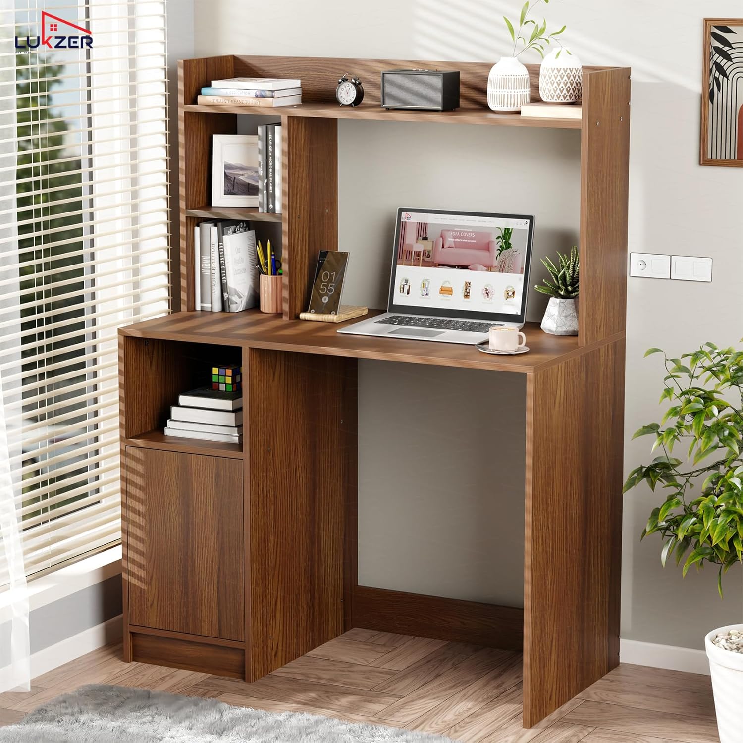 Lukzer Engineered Wood Office Desk & Study Table with Bookshelf & Cabinet (ST-009/Oak Brown)