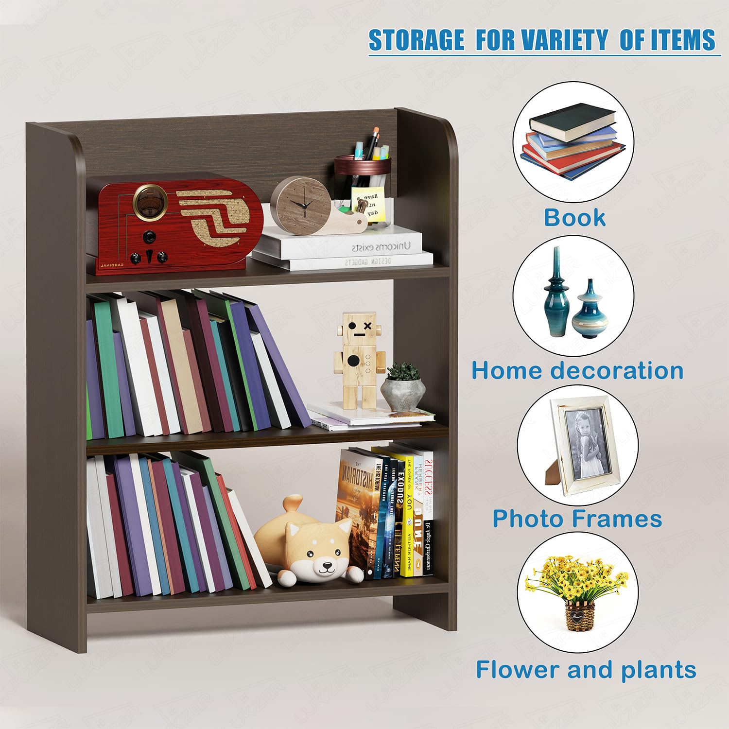 Lukzer 3‑Layer Rounded Edges Engineered Wood Open Rack Cabinet Bookshelf (MR‑016/Wenge)
