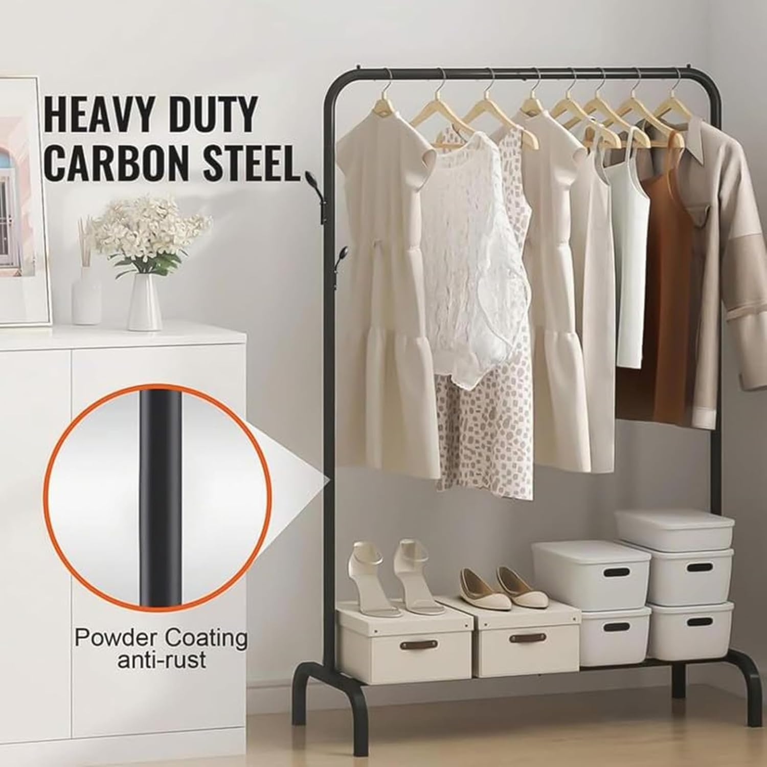 Lukzer Freestanding Metal Cloth Stand with Storage Shelf (MGS-001/Black)