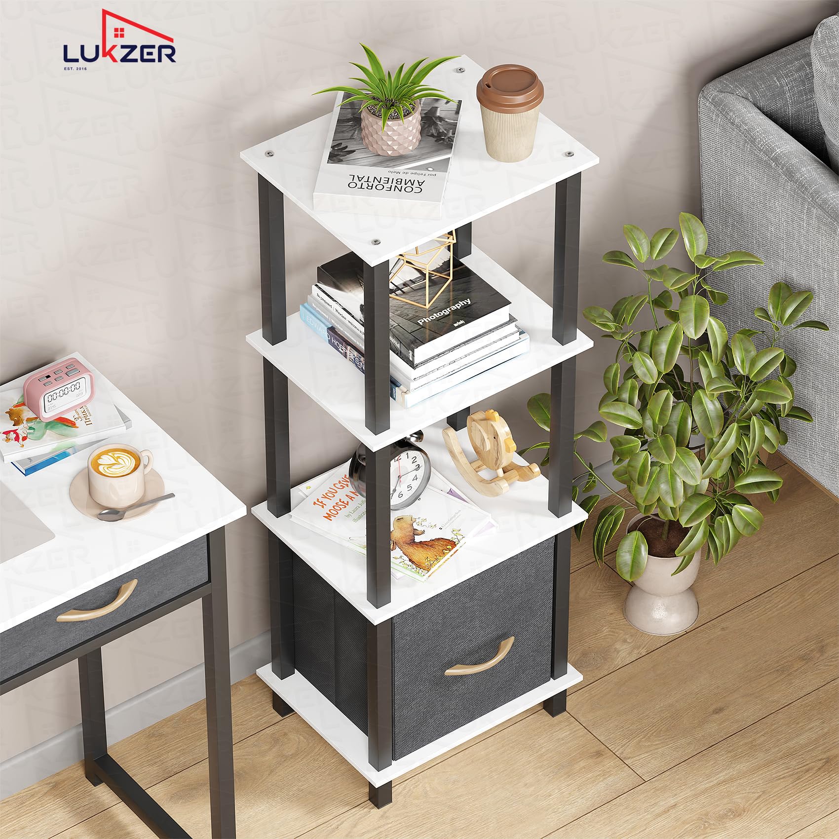 Lukzer 4-Tier Engineered Wood Bookshelf with Fabric Drawer (MRM-001/White)