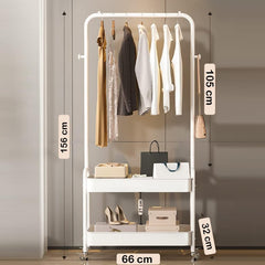 Lukzer 2-in-1 Portable Garment Rack with Wheels & 2-Tier Metal Baskets (Black/White, 32x66x156cm)