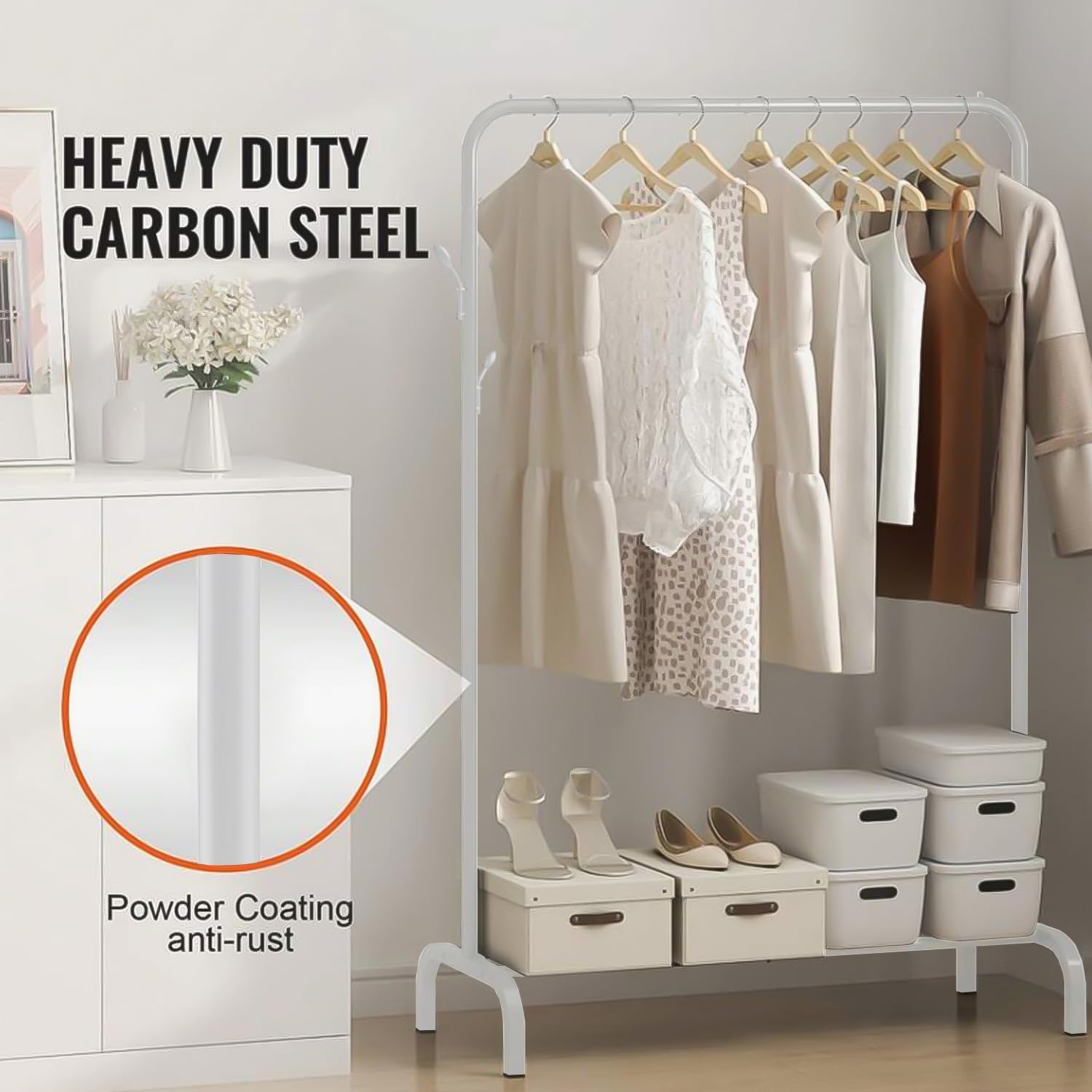 Lukzer Freestanding Metal Cloth Stand with Storage Shelf (MGS-001/White)