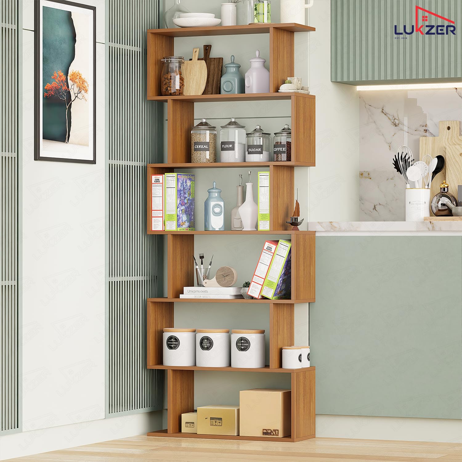 Lukzer 6-Layer S-Shaped Ladder Engineered Wood Open Bookshelf Rack (MR-002, Oak Brown)