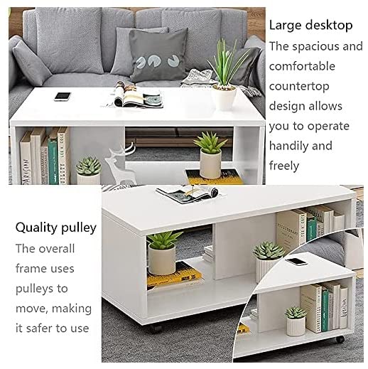 Lukzer Engineered Wood Center Table with Wheels Open Storage Organizer (CT-003/White)