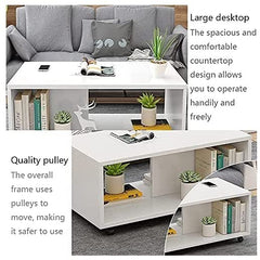 Lukzer Engineered Wood Center Table with Wheels Open Storage Organizer (CT-003/White)
