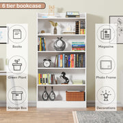 Lukzer 6-Layer Engineered Wood Bookshelf & Open Display Rack – Multi-Purpose Organizer (White, Light Oak & Oak Brown) | MR-007, 136x24x71cm