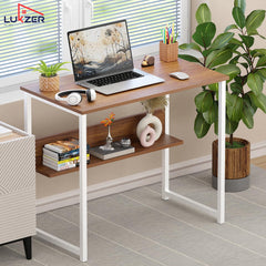 Lukzer Engineered Wood Office & Study Table with Open Bookshelf & Organiser (MST-004/White & Oak Brown)