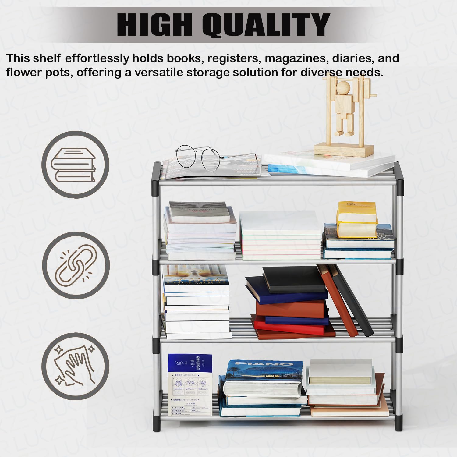 Lukzer Easy DIY Metal & Plastic Bookshelf/Storage Organizer – Black & Silver (3/4/5/6 Layers)
