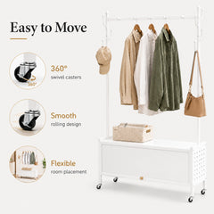 Lukzer Metal Garment Rack with Dust-Proof Storage Shelf & Multiple Hooks (White)