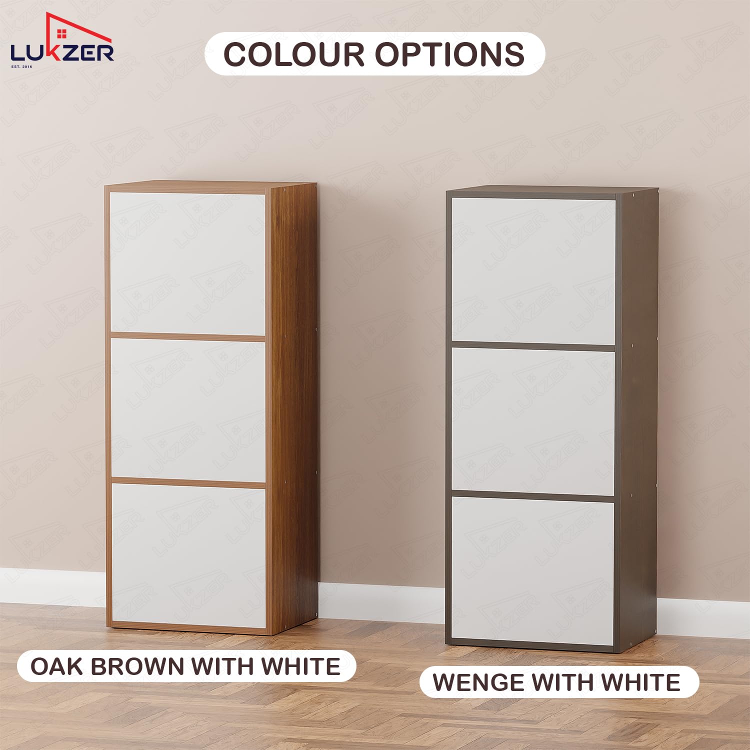 Lukzer 3-Tier Engineered Wood Cabinet Bookshelf Organizer with Magnetic Doors (MR-017/Oak Brown)