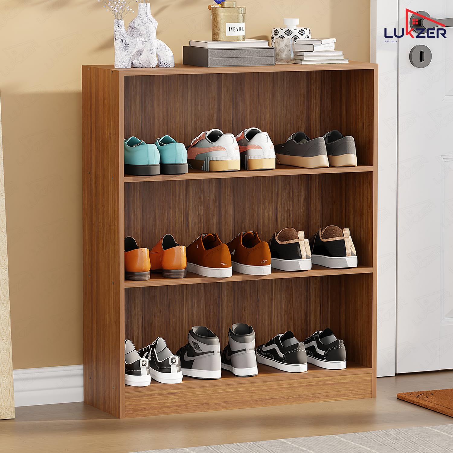 Lukzer 3‑Tier Engineered Wood Multipurpose Open Storage Organizer (MR‑014/Oak Brown)