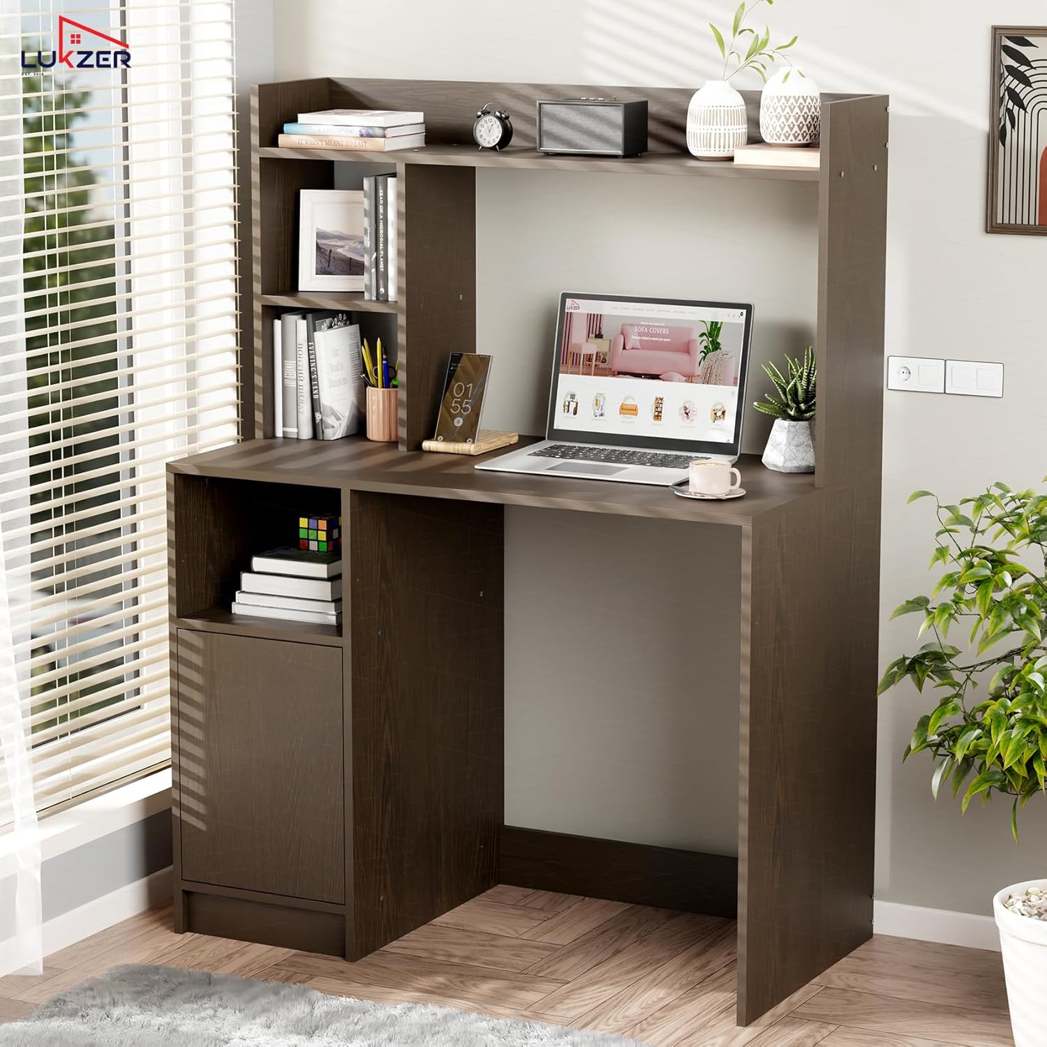 Lukzer Engineered Wood Office Desk & Study Table with Bookshelf & Cabinet (ST-009/Wenge)