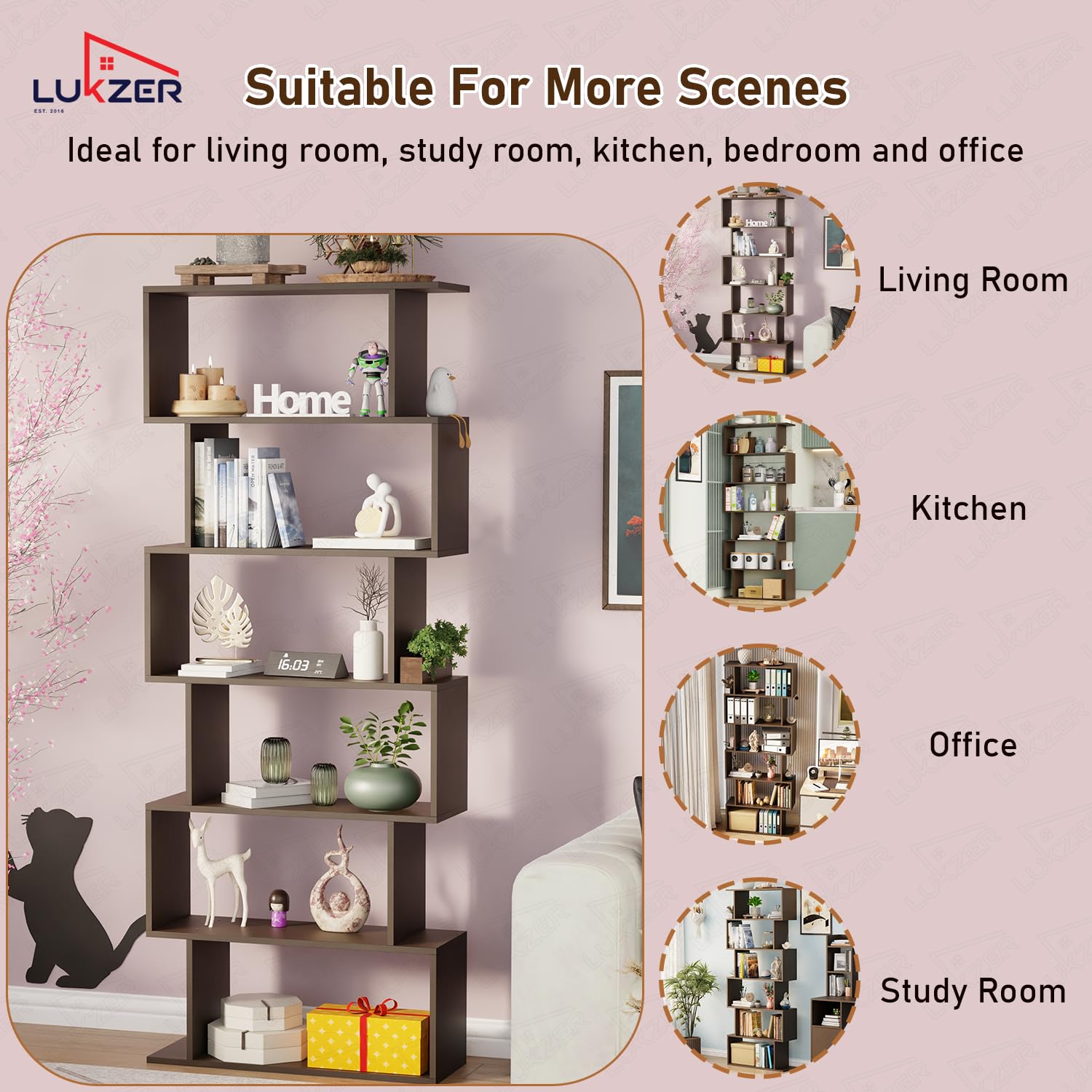 Lukzer 6-Layer S-Shaped Ladder Engineered Wood Open Bookshelf Rack (MR-002, Wenge)