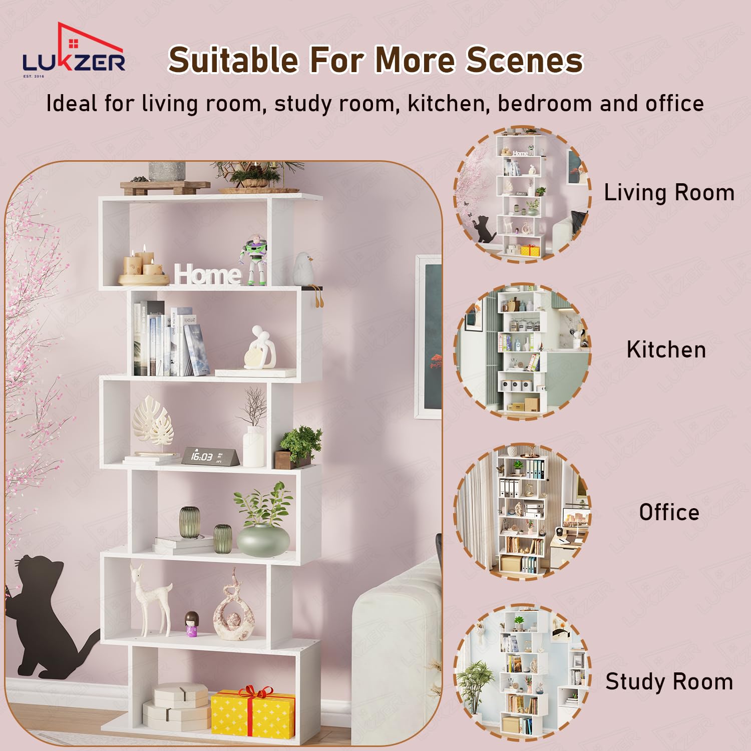 Lukzer 6-Layer S-Shaped Ladder Engineered Wood Open Bookshelf Rack (MR-002, White)