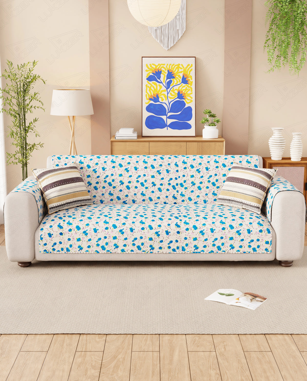 Lukzer Quilted Reversible Ikat Rose Sofa Mat with WaveEdge Ultrasonic Cut (WITH BACK & HAND REST) - SC-203-01WB