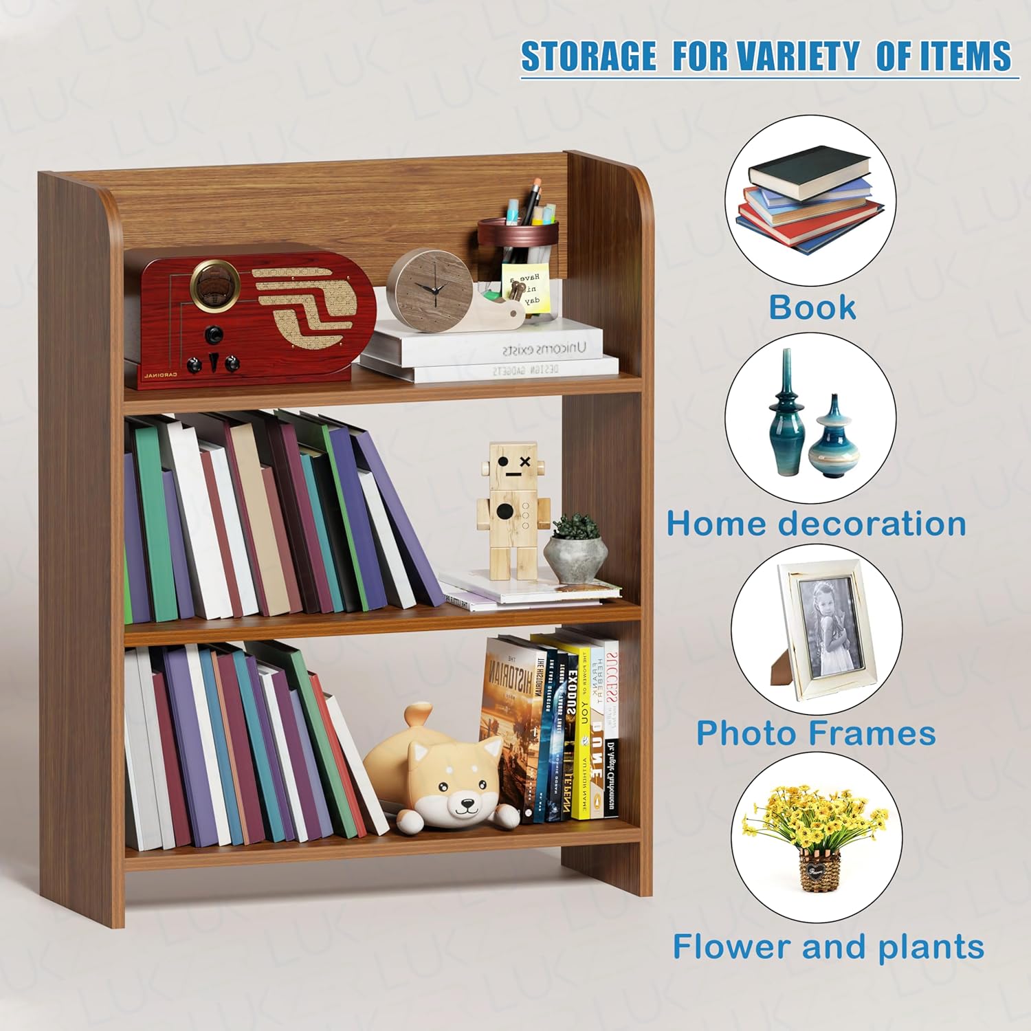 Lukzer 3‑Layer Rounded Edges Engineered Wood Open Rack Cabinet Bookshelf (MR‑016/Oak Brown)