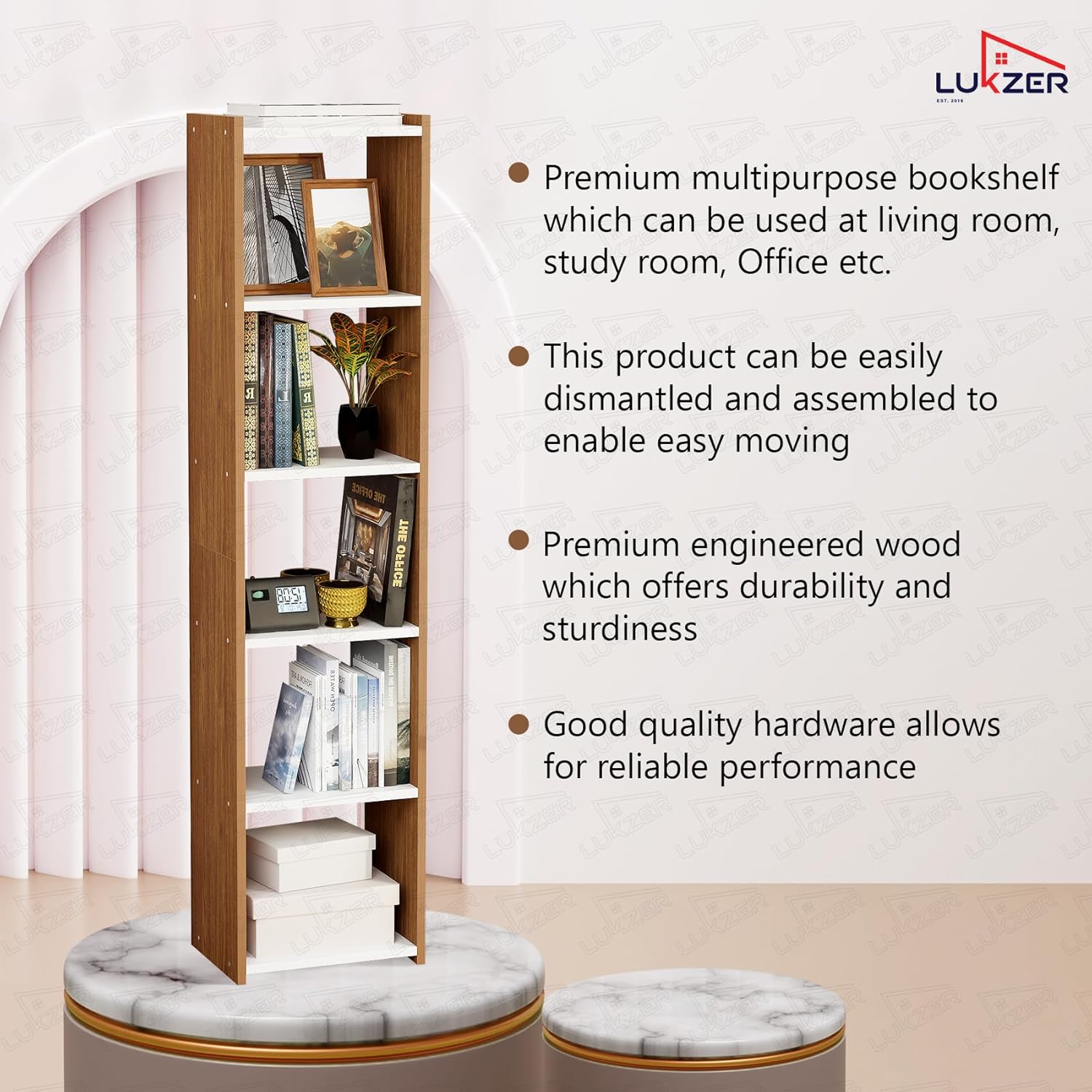 Lukzer Dual Tone Engineered Wood 5-Layer Bookshelf Easy to Assemble (MR-013/White & Oak Brown)