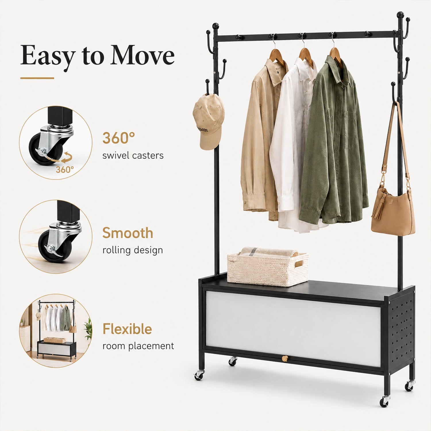 Lukzer Metal Garment Rack with Dust-Proof Storage Shelf & Multiple Hooks (Black)