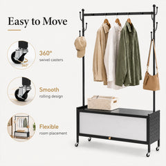 Lukzer Metal Garment Rack with Dust-Proof Storage Shelf & Multiple Hooks (Black)