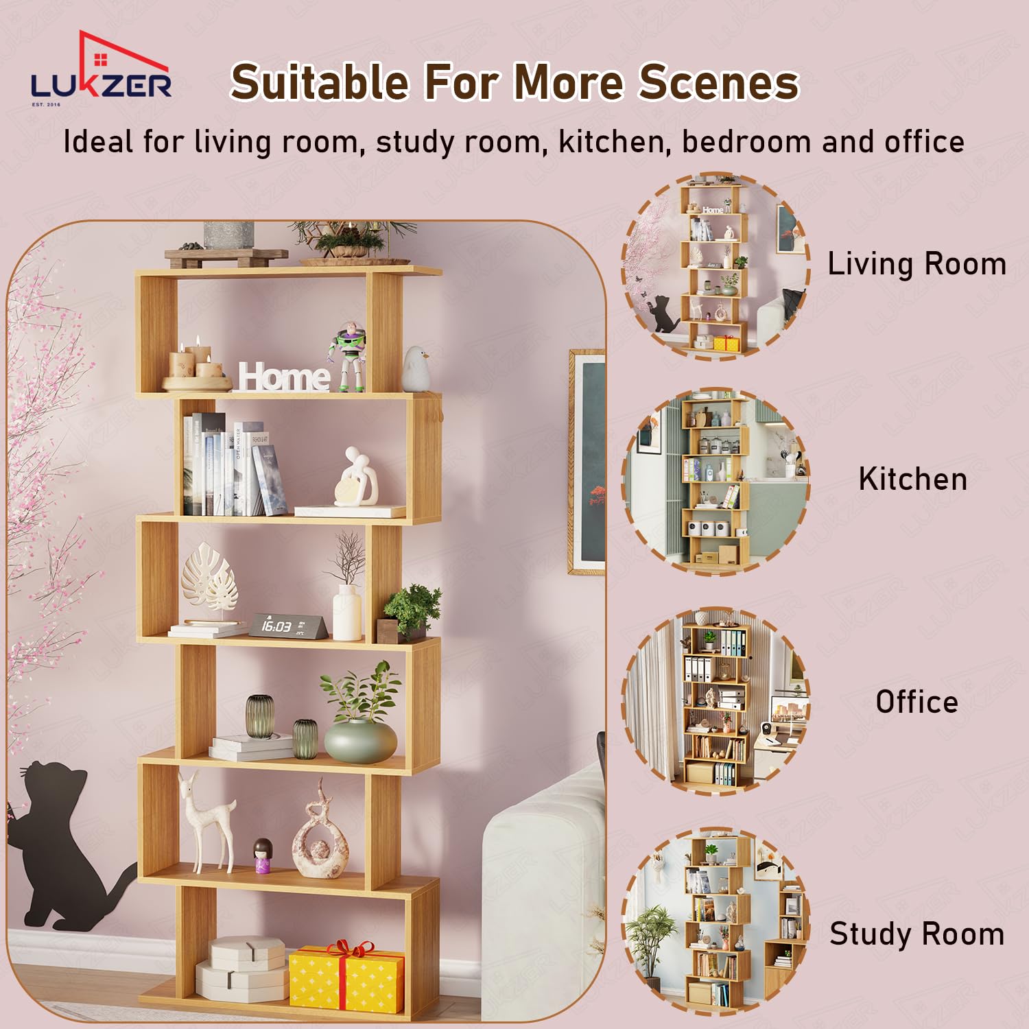 Lukzer 6-Layer S-Shaped Ladder Engineered Wood Open Bookshelf Rack (MR-002, Light Oak)