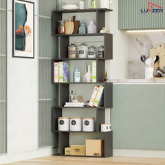Lukzer 6-Layer S-Shaped Ladder Engineered Wood Open Bookshelf Rack (MR-002, Black)