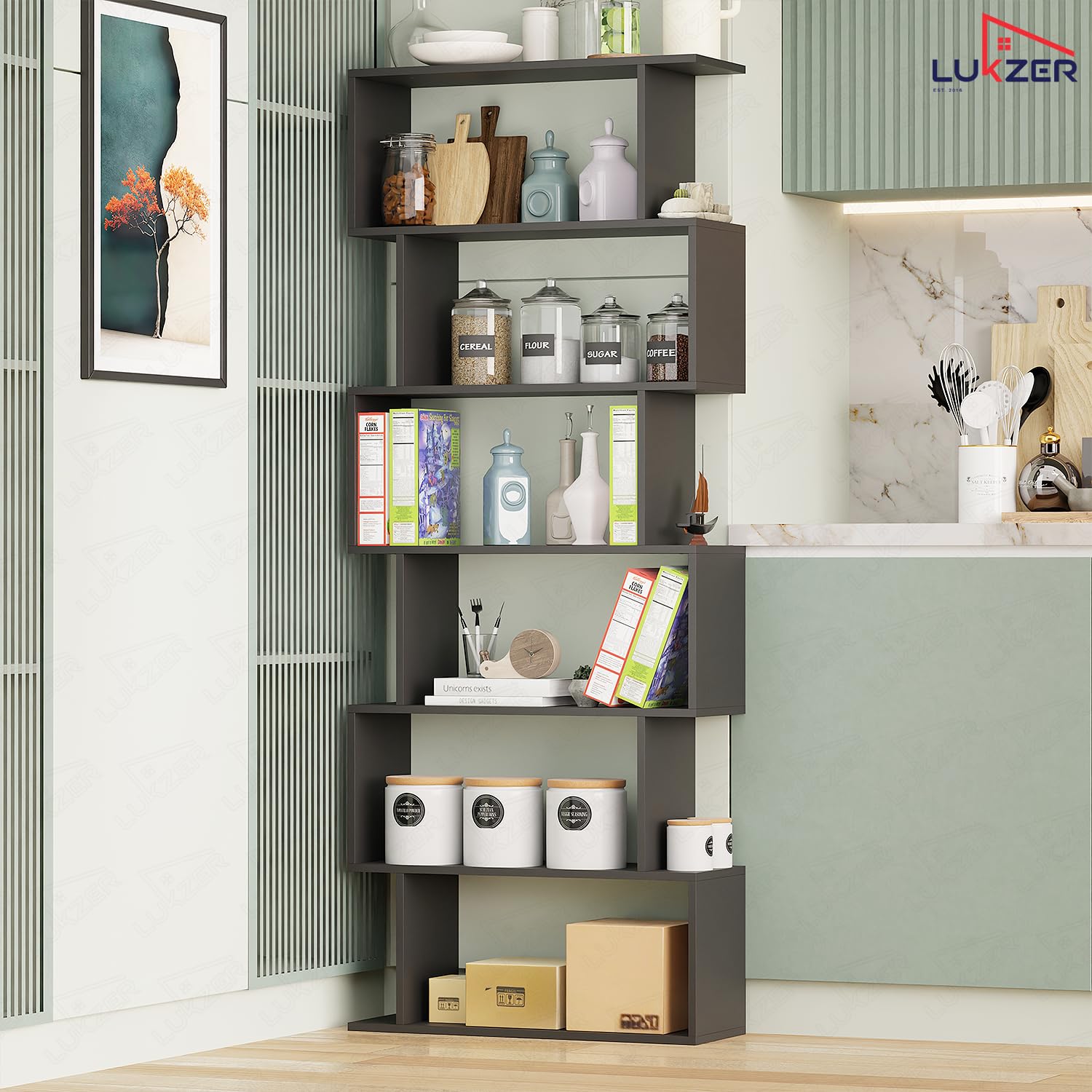 Lukzer 6-Layer S-Shaped Ladder Engineered Wood Open Bookshelf Rack (MR-002, Black)