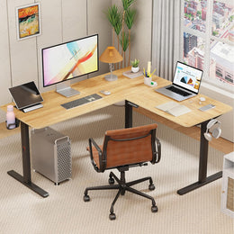 Lukzer L-Shape Electric Height Adjustable Study Desk (EST-001/Black & Oak Light)