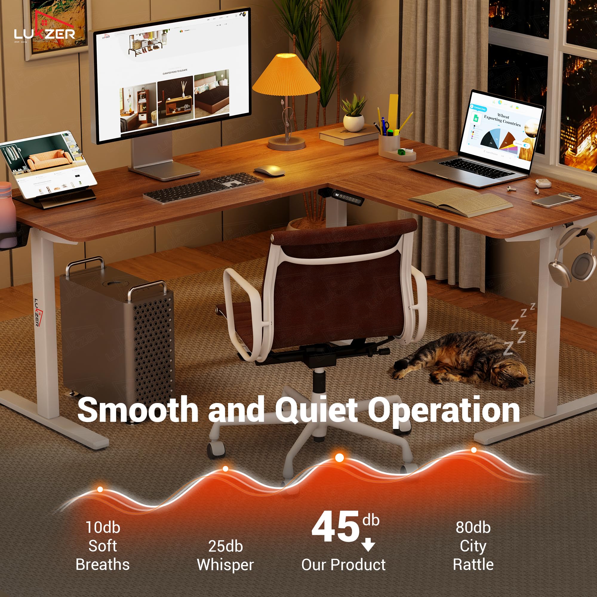 Lukzer L-Shape Electric Height Adjustable Study Desk (EST-001/White & Oak Brown) 3-Years Warranty
