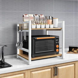 Lukzer 2-Tier Multipurpose Metal & Wood Kitchen Storage Rack (MKR-002/Oak Light with White)