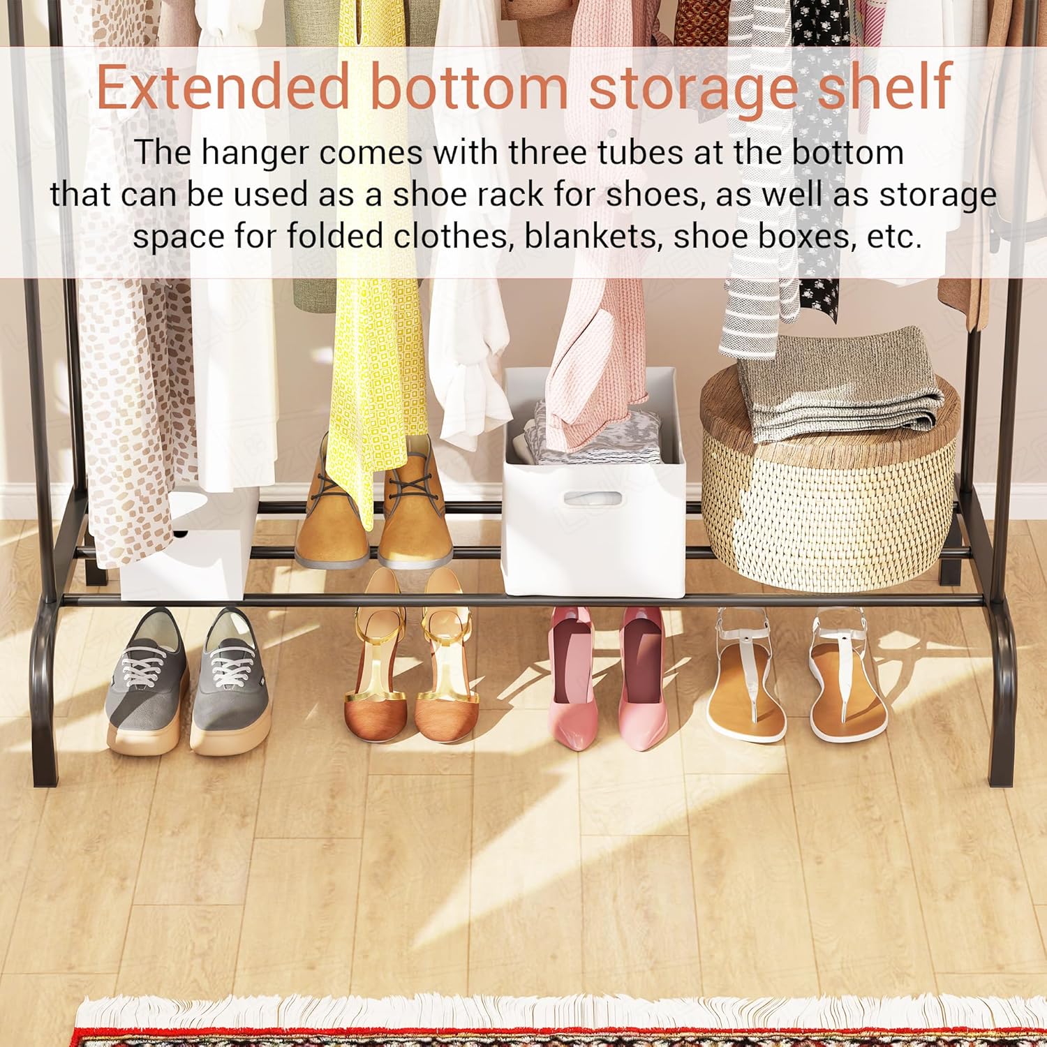 Lukzer Heavy-Duty Double Garment Rack with Bottom Storage – (MGS-002)(White, Gold, Black, Rose Gold, Silver)