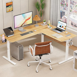 Lukzer L-Shape Electric Height Adjustable Study Desk (EST-001/White & Oak Light)