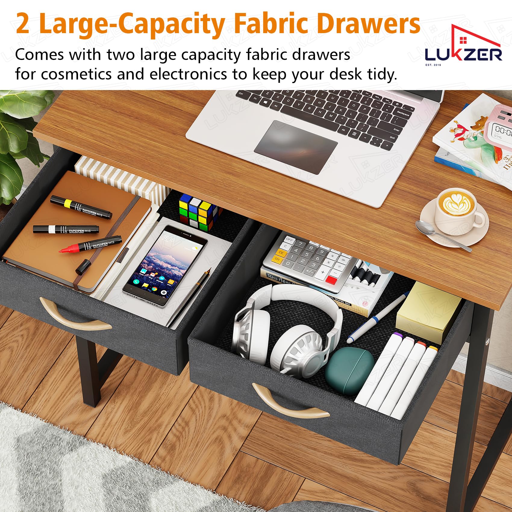 Lukzer Metal Frame & Engineered Wood Office & Study Computer Desk with Drawer (STM-006/Black & Oak Brown)