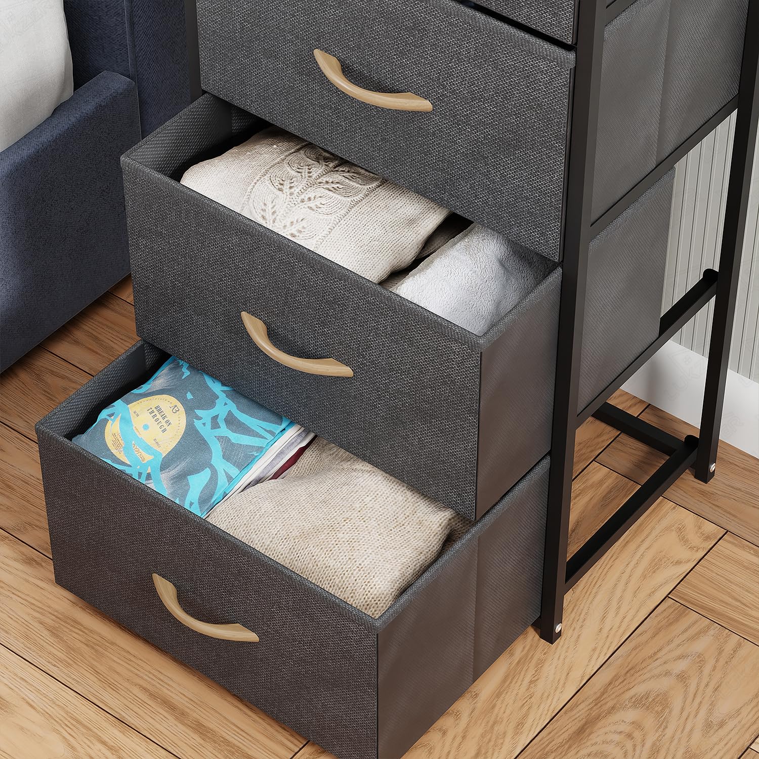 Lukzer 4-Drawer Fabric Storage Organizer for Closet (MMR-002/Black & Oak Brown)
