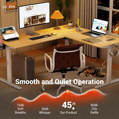 Lukzer L-Shape Electric Height Adjustable Study Desk (EST-001/White & Oak Light)