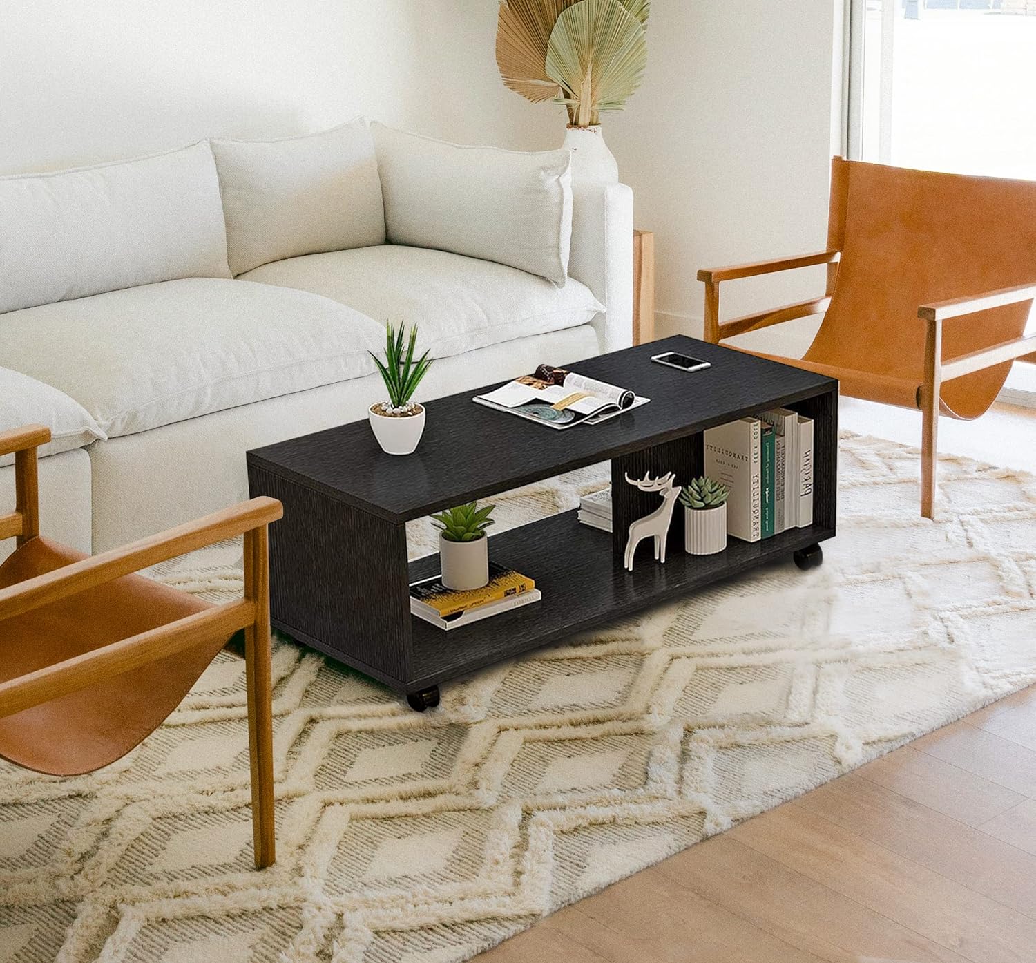 Lukzer Engineered Wood Center Table with Wheels Open Storage Desk (CT-003/Wenge)