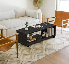 Lukzer Engineered Wood Center Table with Wheels Open Storage Desk (CT-003/Wenge)